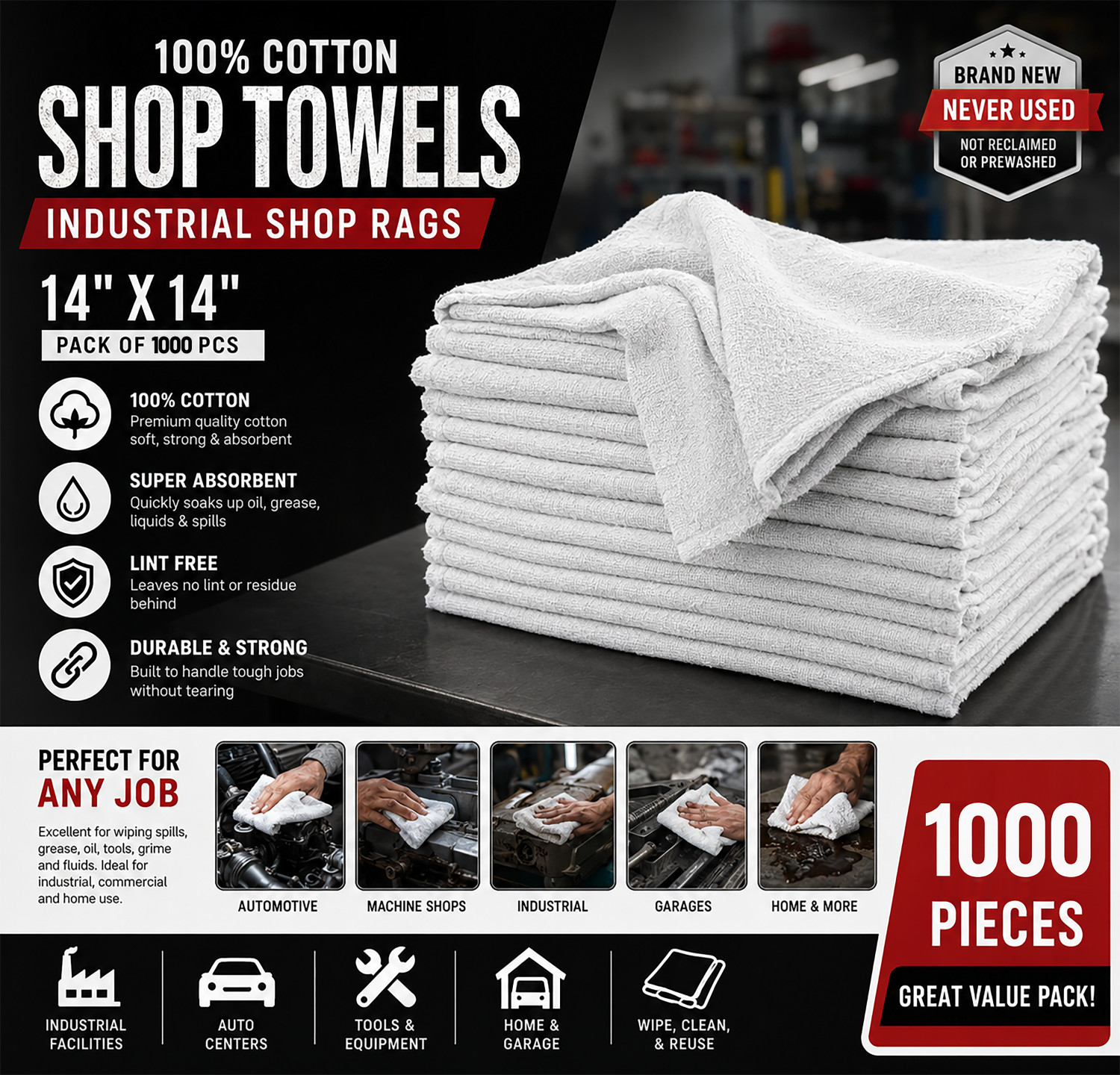 100% White Cotton Shop Towels Industrial Shop Rags 14" X 14" - Pack of 1000 Pcs