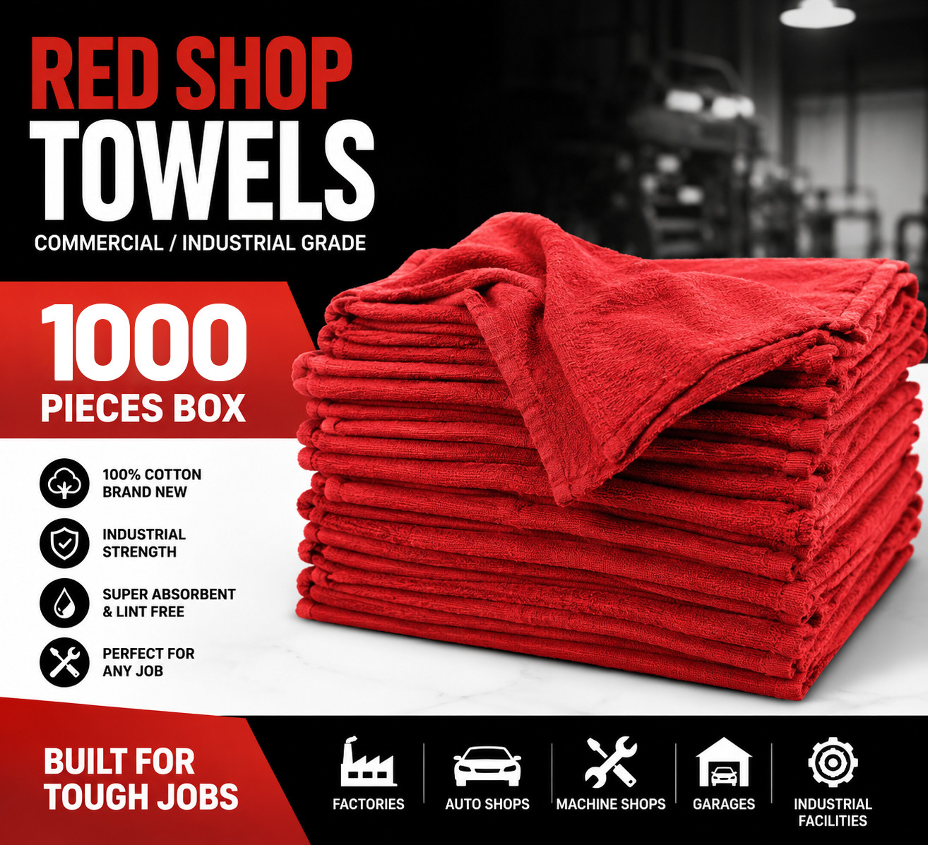 Shop Towels Red-Commercial/Industrial- 1000 piece box - NEW 100% Cotton