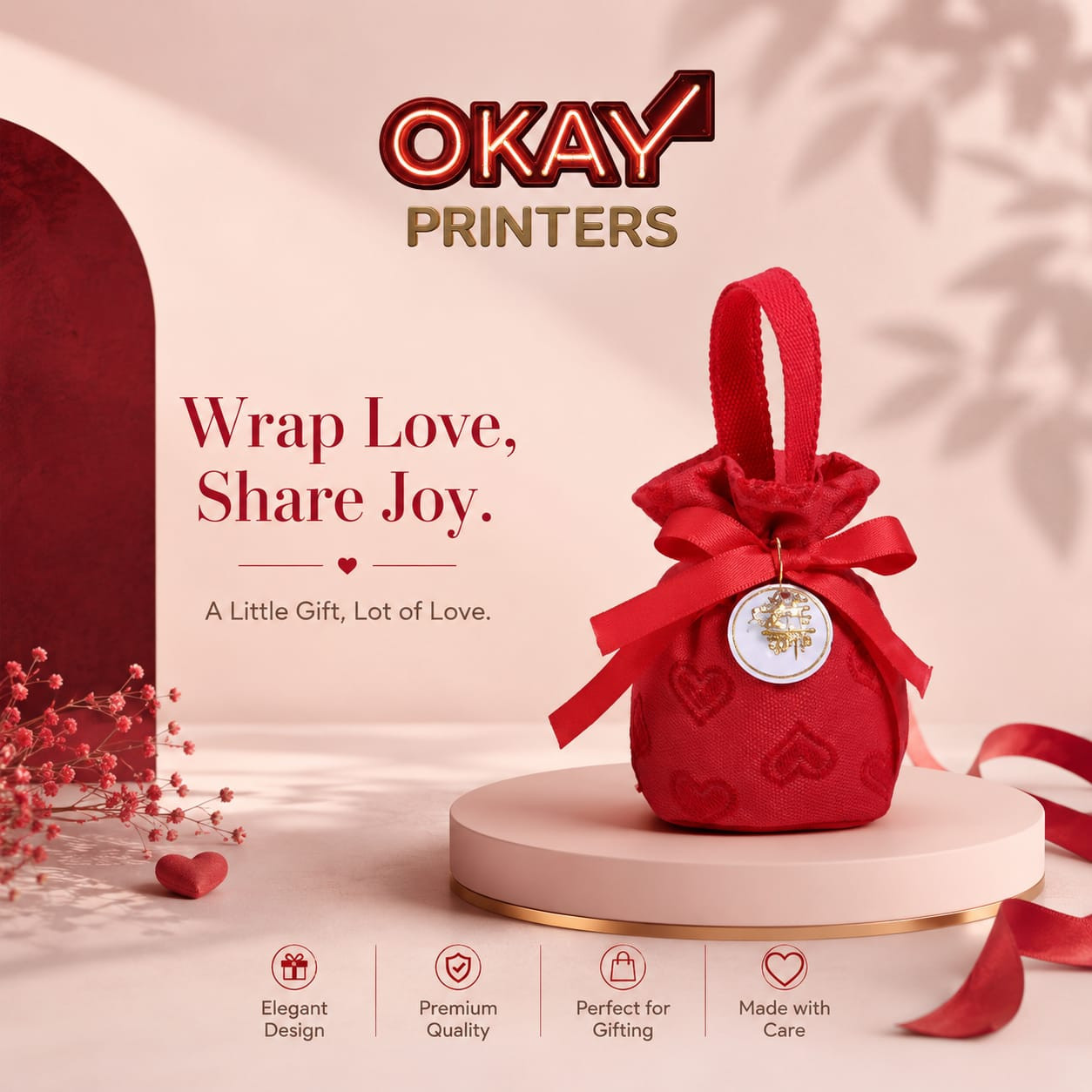 Premium Red Drawstring Gift Bag with Heart Pattern