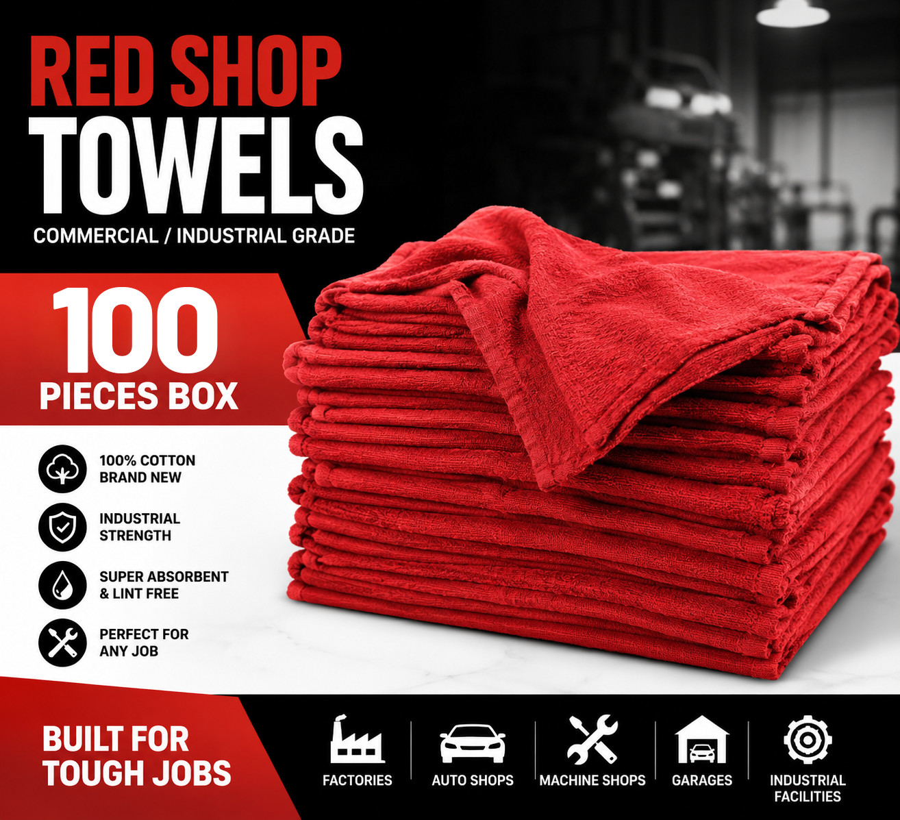 Shop Towels Red-Commercial/Industrial Grade 14" x 14" -100 Piece Box -NEW 100% Cotton